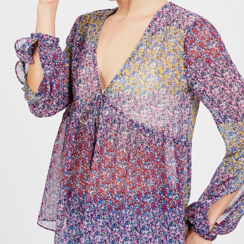 Floral, sheer peasant blouse
